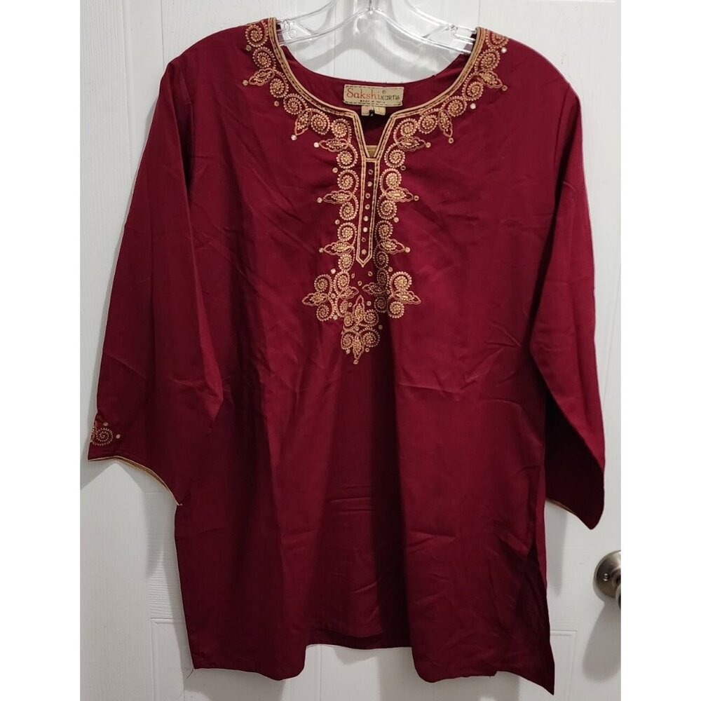 NEW Sakshi Kurti Top 3/4 Sleeve Red Embroidered Salwar Kameez‎ India Size Large